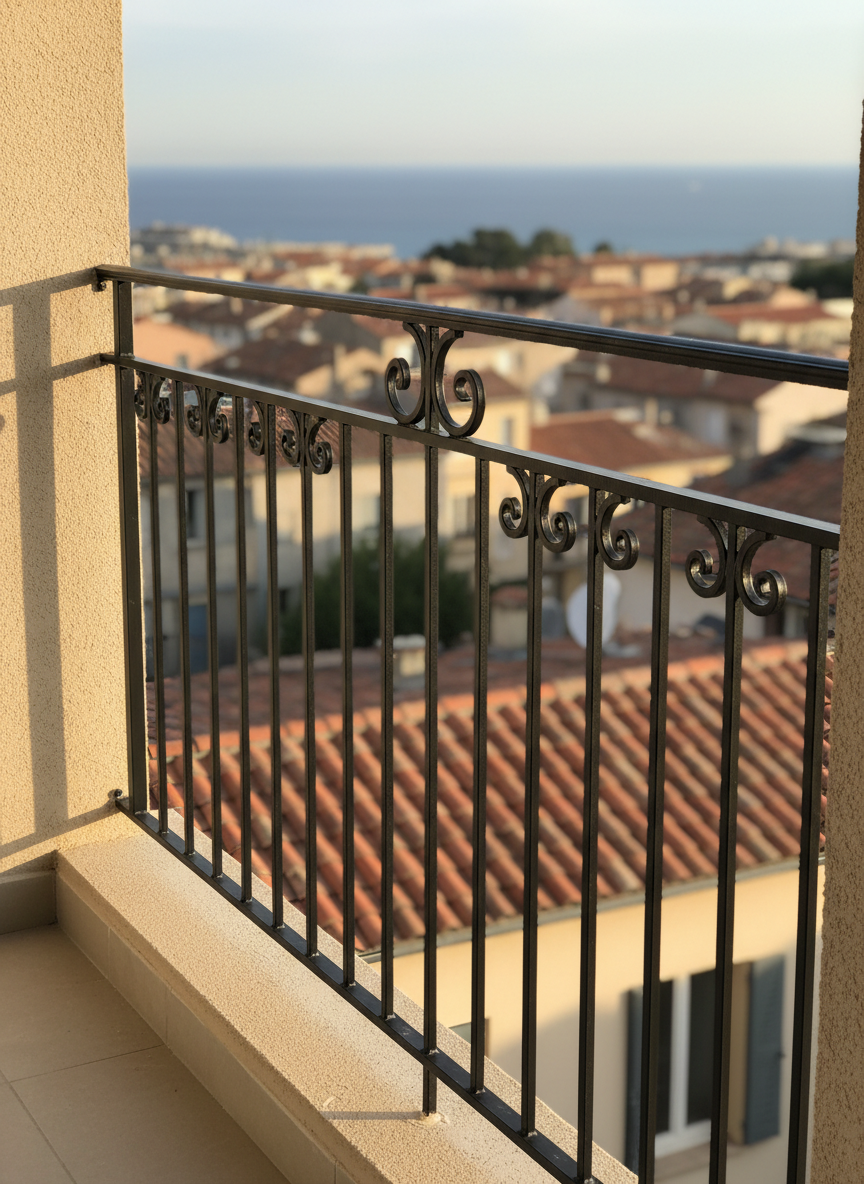 A freshly installed wrought iron balcony guardrail overlooking the rooftops of Toulon, featuring elegant scrollwork, straight vertical bars, and a smooth continuous handrail. The deep matte black metal shows subtle hammer marks and precise welds. The guardrail is mounted on a light beige stucco façade with a distant view of the Mediterranean slightly blurred in the background. Captured in soft late afternoon natural light, gentle highlights catch the curves of the iron while crisp shadows fall on the wall. Photographic realism, eye-level composition with a slight angle along the length of the guardrail, sharp focus on the craftsmanship, clean and professional mood suitable for a high-end ironworking business.