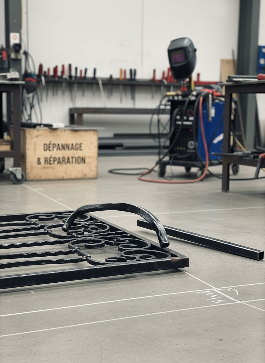 An emergency repair scene of a bent wrought iron gate panel laid on the floor of a tidy ironworking workshop in Toulon, showing a clearly deformed section next to a newly straightened replacement bar ready for welding. The floor is smooth concrete with chalk markings indicating measurements, and a welding station with neatly arranged tools is visible in the background, slightly out of focus. Neutral overhead workshop lighting creates clear, functional illumination, with gentle reflections on the metal surfaces. Photographic realism, slightly elevated angle, medium-wide framing to show both damage and solution, conveying responsiveness, precision, and professional dépannage and réparation services.