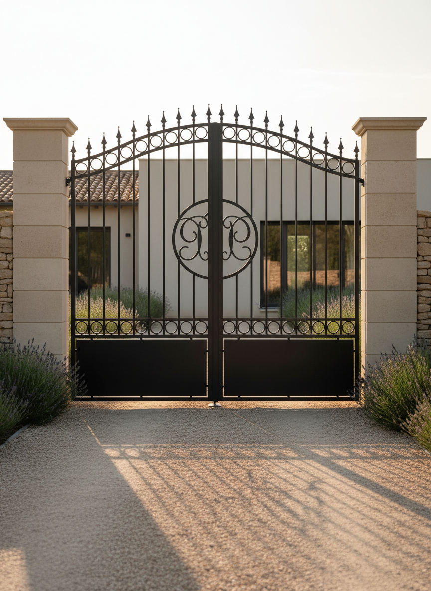 A custom wrought iron driveway gate in front of a contemporary Provençal-style home near Toulon, with symmetrical panels, decorative spears, and a central monogrammed medallion. The metal is finished in satin black with subtle metallic reflections, mounted between two pale stone pillars. The driveway is lined with neat gravel and low Mediterranean shrubs, softly out of focus. Captured at golden hour with warm sunlight raking across the gate, enhancing its contours and casting refined shadows on the ground. Photographic realism, straight-on perspective with balanced framing, emphasizing solidity, security, and craftsmanship in a calm, professional atmosphere.