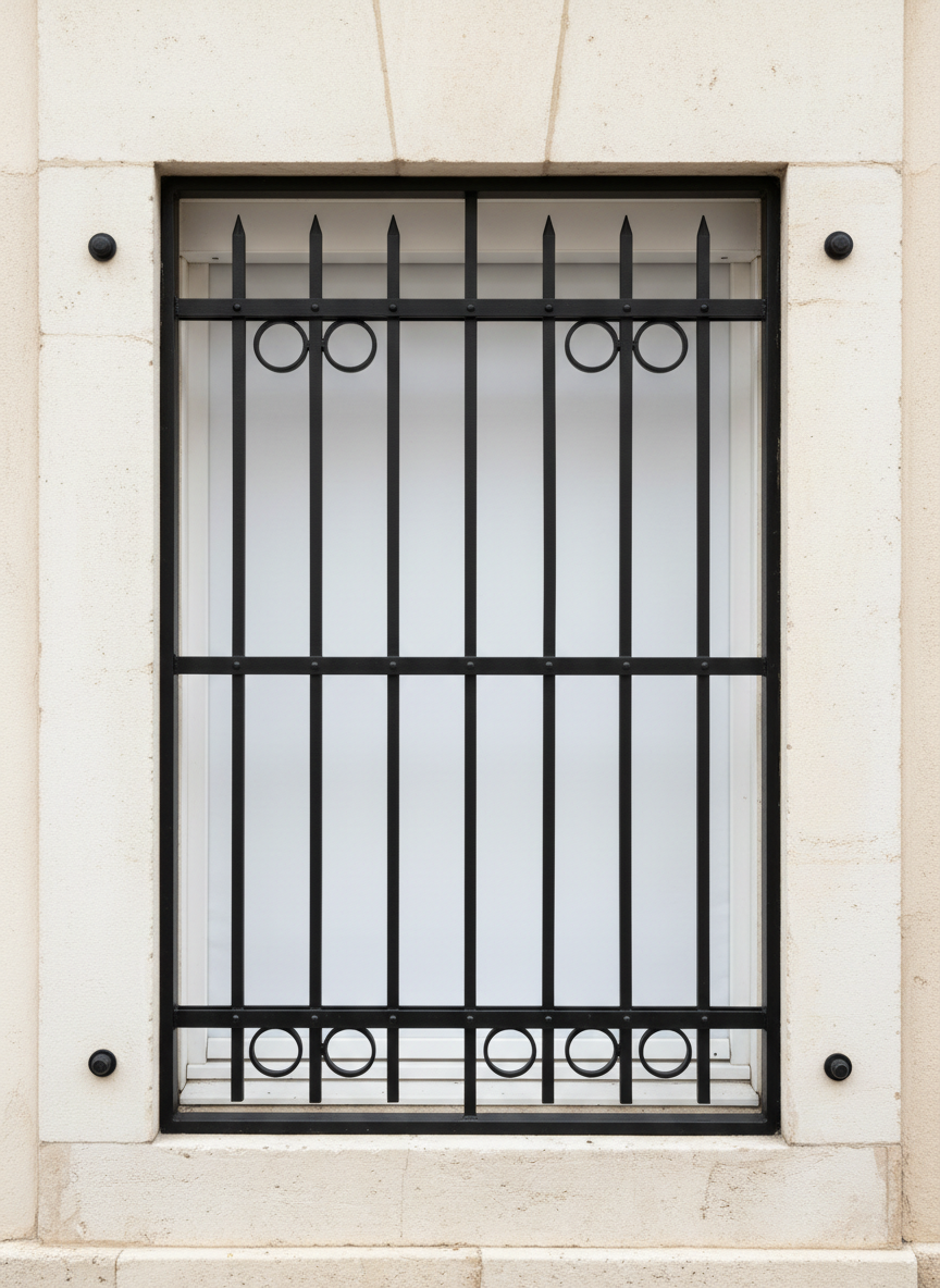 A sturdy wrought iron security grille custom-fitted to a ground-floor window in Toulon, combining vertical bars, discreet decorative rings, and reinforced horizontal elements. The metal is powder-coated in a smooth black finish, firmly anchored into a pale stone window frame with visible, clean mounting points. Behind the grille, a simple white roller blind is partially lowered, softly blurred. Diffused overcast daylight provides even illumination, reducing harsh shadows and emphasizing the grille’s clean geometry. Photographic realism, straight-on architectural shot with full sharpness, creating a trustworthy, professional mood that communicates protection, reliability, and quality installation work.