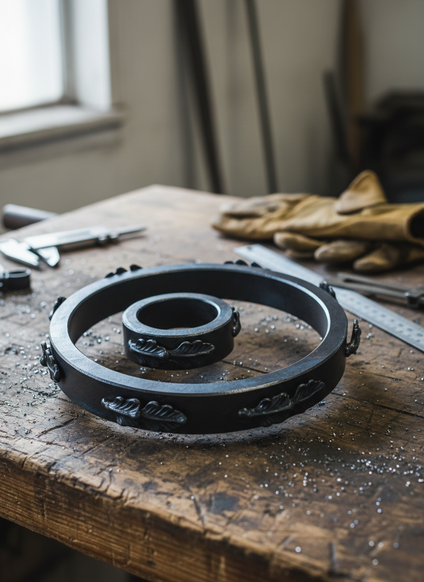 A close-up detail of a hand-forged wrought iron spiral for a staircase, showing the smooth curve of the volute and small decorative leaves attached along the bar. The metal surface has a deep black patina with hints of bluish reflection, revealing slight irregularities from hand hammering. The spiral rests on a sturdy wooden workbench with scattered metal filings and precise measuring tools in soft focus. Illuminated by neutral workshop lighting and a soft window light from the side, subtle highlights trace the edges of the iron. Photographic realism, shallow depth of field and tight framing showcase the precision, expertise, and artisanal character of professional ironwork.